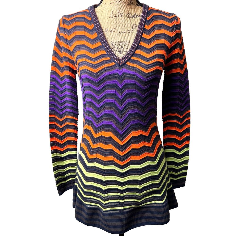 M Missoni Multicolor Chevron Knit A-Line Tunic Top US 10 Orange Purple Green